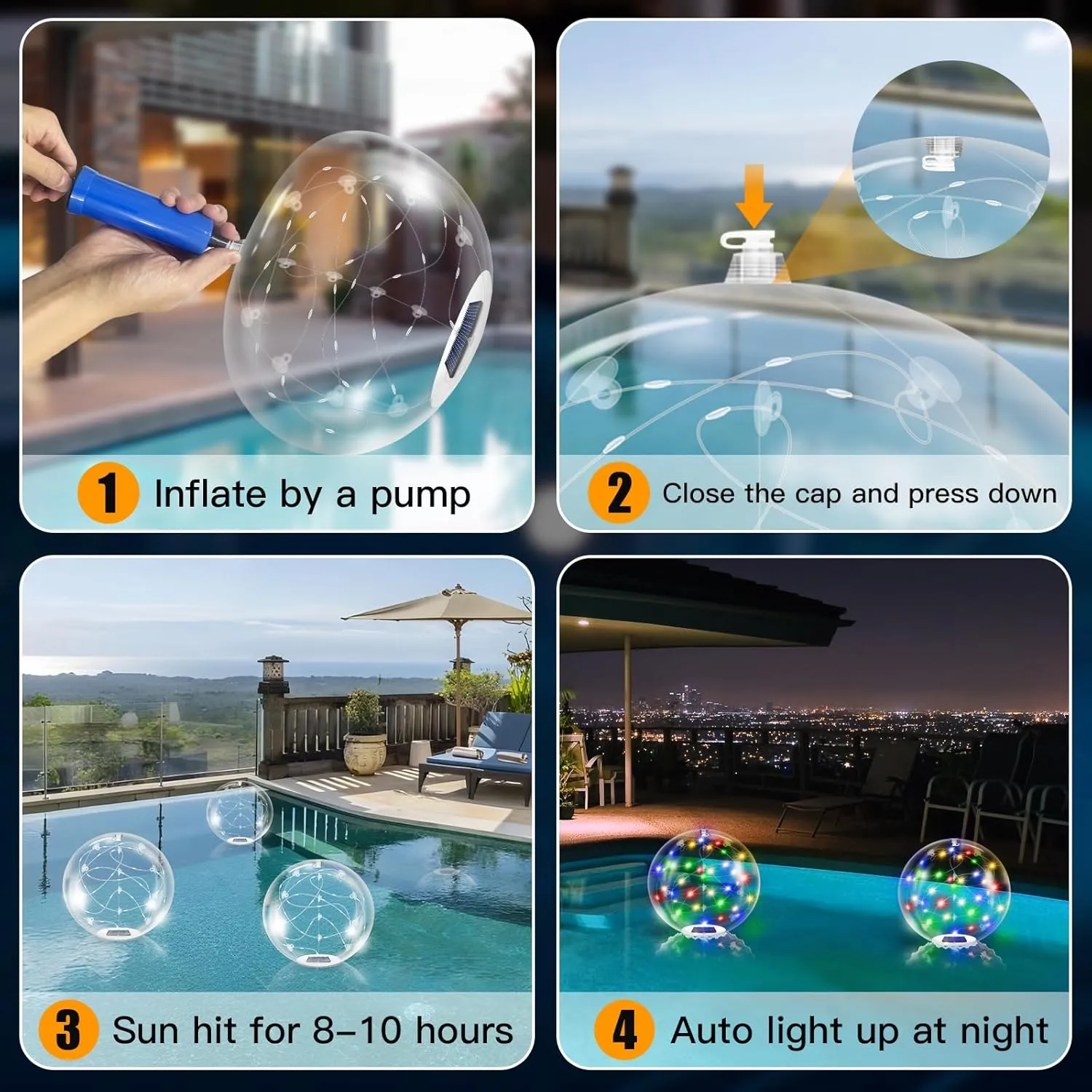 Floating Pool Lights Solar Powered,14 Inch RGBW Inflatable Glow in The Dark Balls,IP68 Waterproof Led Light up for Inground Pool Decorations Outdoor Ornaments Gift