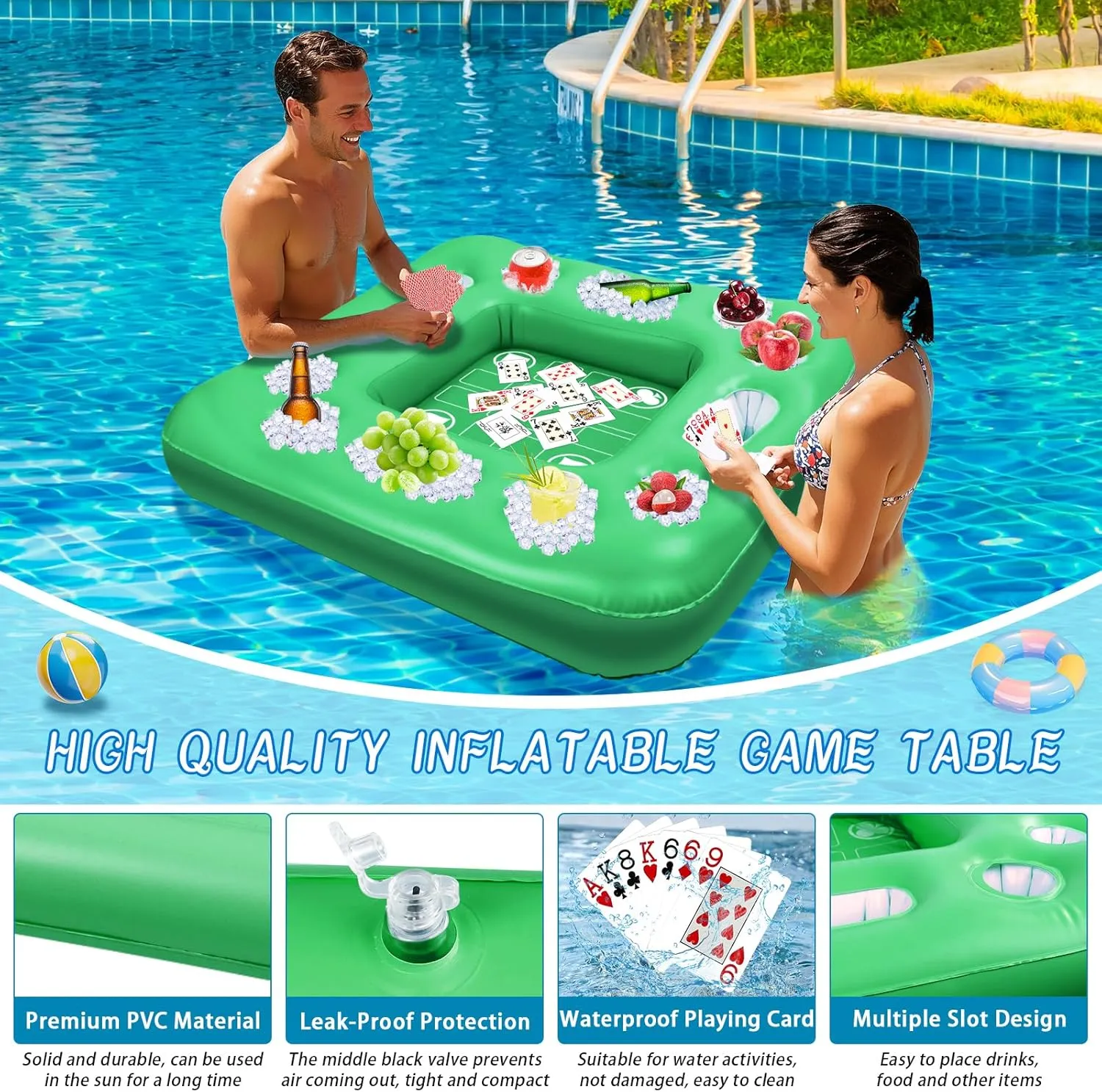 Floating Table for Pool Game with Waterproof Playing Cards, 39.4 x 39.4 in Floating Card Table for Pool with Food Drink Holders, Inflatable Floating Pool Game Table for Adults Family Party (Green)