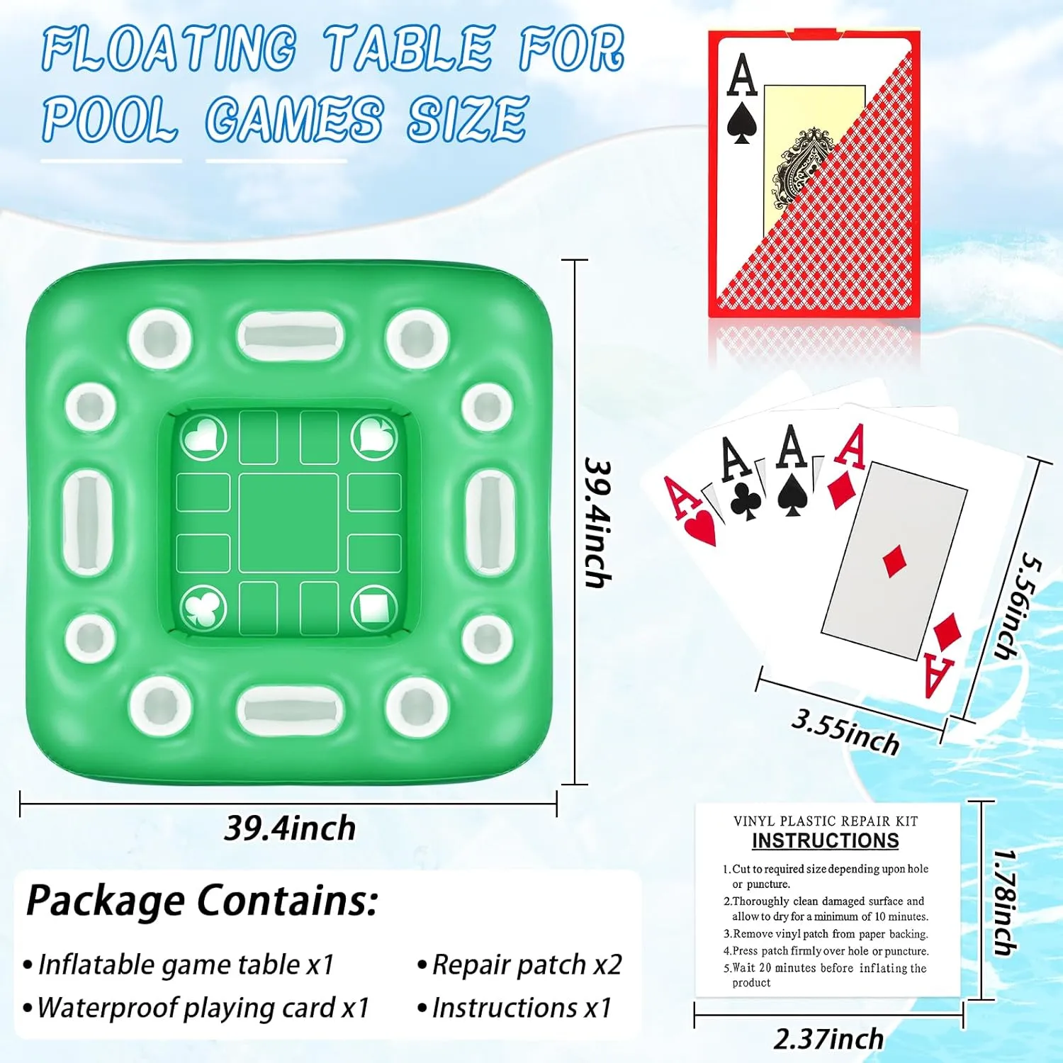 Floating Table for Pool Game with Waterproof Playing Cards, 39.4 x 39.4 in Floating Card Table for Pool with Food Drink Holders, Inflatable Floating Pool Game Table for Adults Family Party (Green)