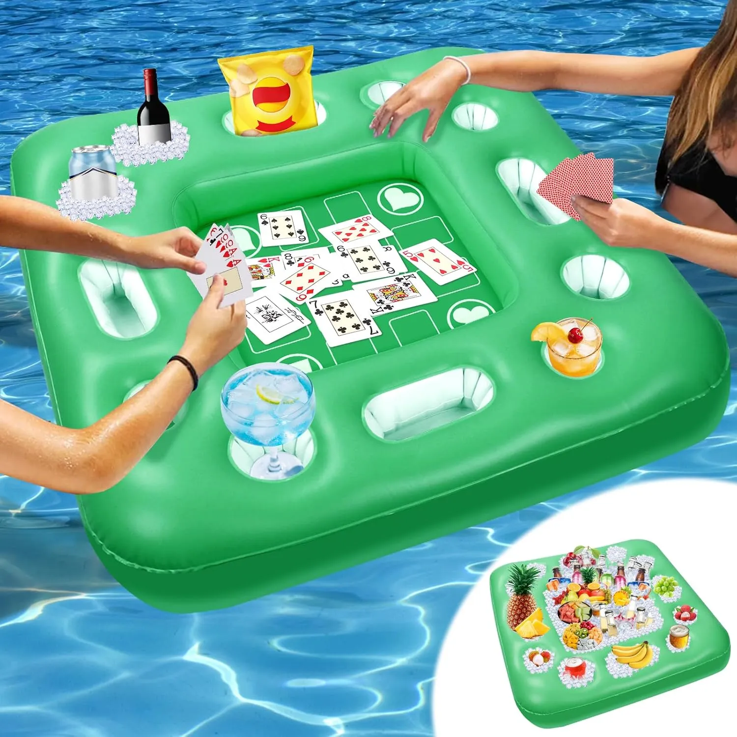 Floating Table for Pool Game with Waterproof Playing Cards, 39.4 x 39.4 in Floating Card Table for Pool with Food Drink Holders, Inflatable Floating Pool Game Table for Adults Family Party (Green)