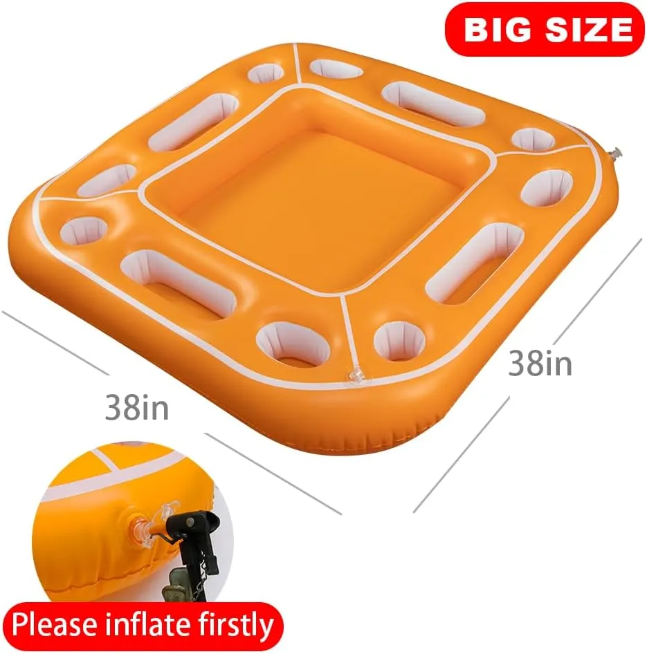 Floating Table for Pool Game with Waterproof Playing Cards, Inflatable Pool Party Tray Float for Drink Snack Holder, Floating Card Game Table, Pool Accessories for Hot Tub, Beach Summer Parties Orange