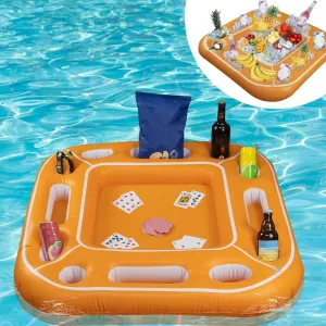 Floating Table for Pool Game with Waterproof Playing Cards, Inflatable Pool Party Tray Float for Drink Snack Holder, Floating Card Game Table, Pool Accessories for Hot Tub, Beach Summer Parties Orange