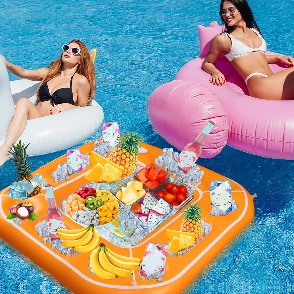 Floating Table for Pool Game with Waterproof Playing Cards, Inflatable Pool Party Tray Float for Drink Snack Holder, Floating Card Game Table, Pool Accessories for Hot Tub, Beach Summer Parties Orange