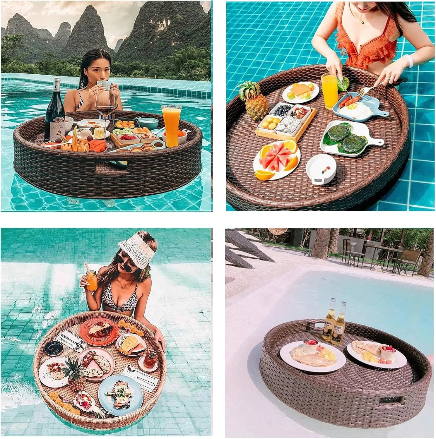 Floating Tray for Pool, Floating Table for Pool, Rattan Woven Serving Tray Food Tray, for Hotel/Open-air Swimming Pool,Wedding Photography Photo Shoot