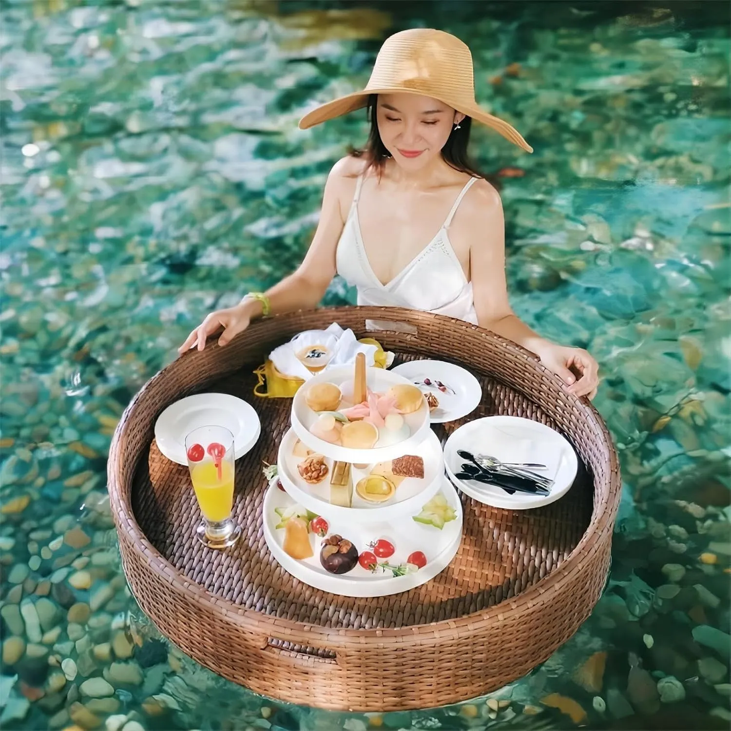 Floating Tray for Pool, Floating Table for Pool, Rattan Woven Serving Tray Food Tray, for Hotel/Open-air Swimming Pool,Wedding Photography Photo Shoot