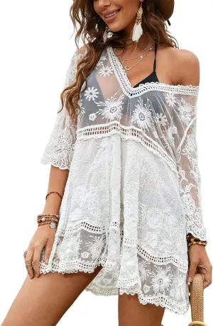 Floerns Women's Contrast Lace Plunging V Neck Bikini Cover Up Beach Dress Bathing Suit