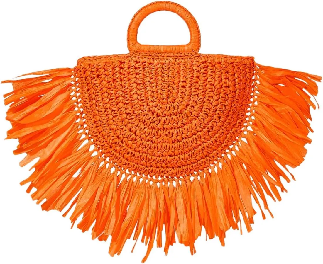 Floerns Women's Straw Bag Holiday Beach Vacation Fringe Trim Handbag