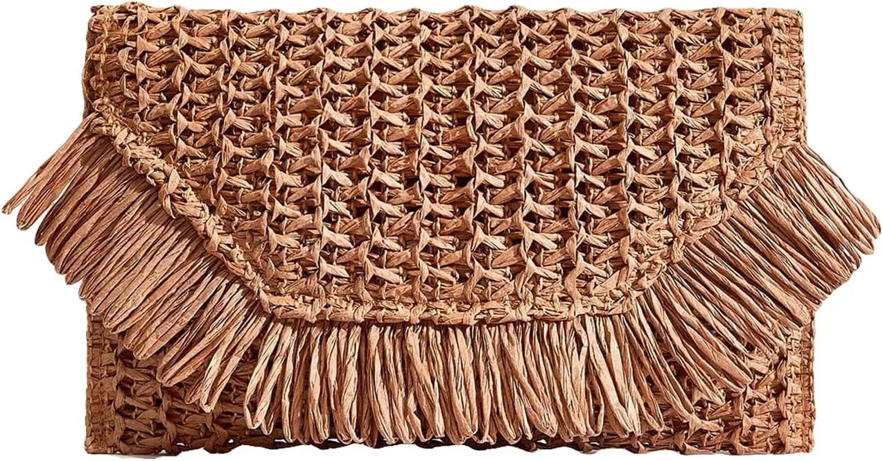 Floerns Women's Woven Straw Envelope Fringe Trim Rattan Beach Clutch Handbag