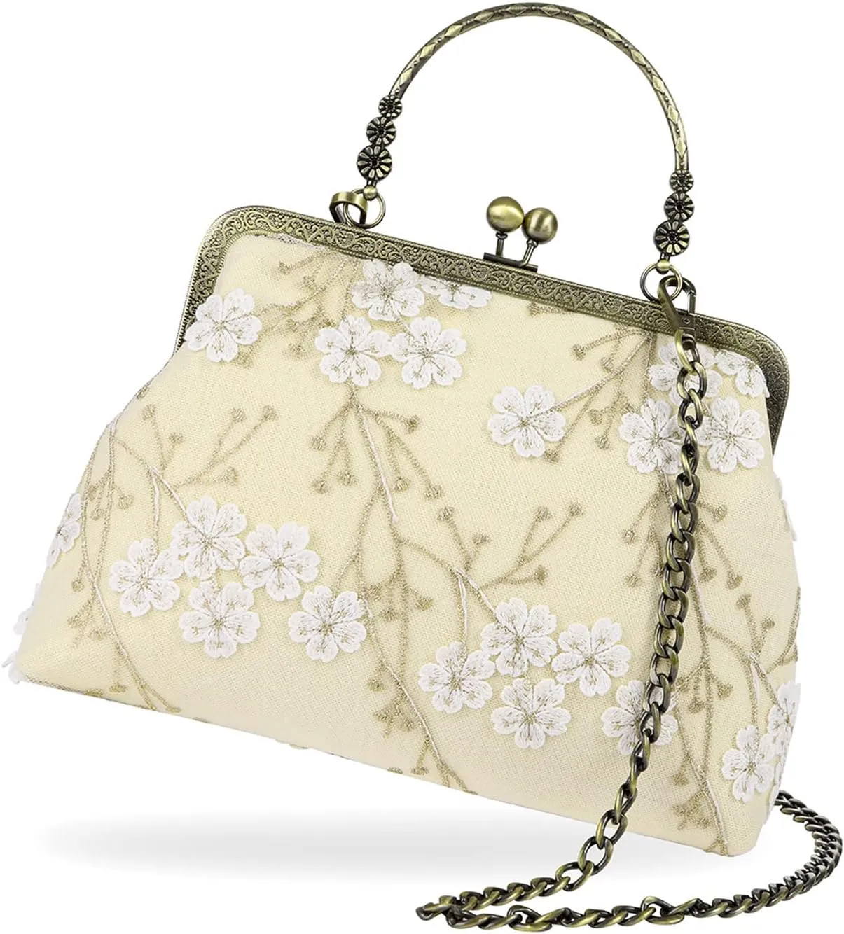 Floral Top-Handle Handbag, Kiss Lock Evening Bag for Women, Vintage Handbag