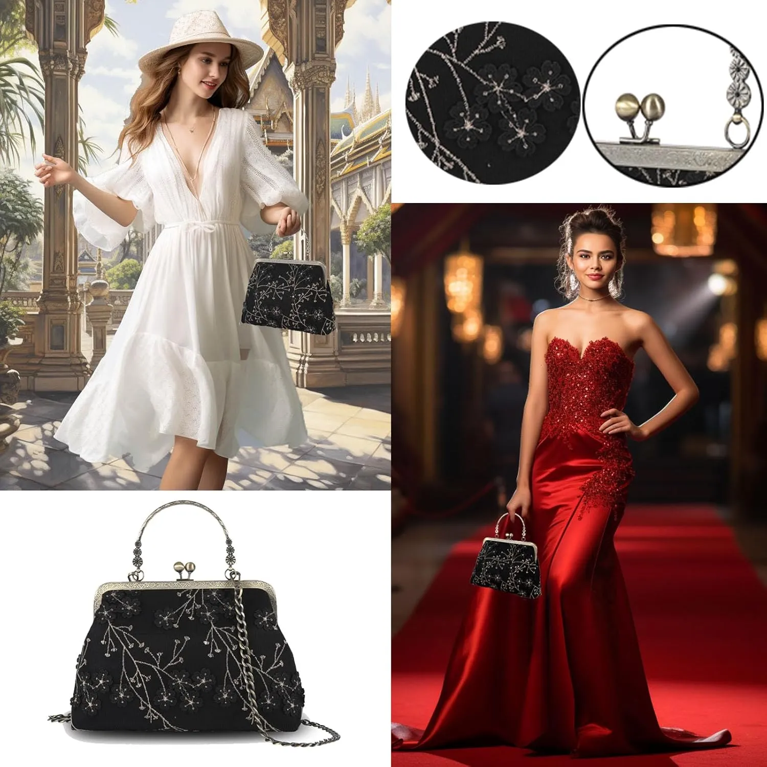 Floral Top-Handle Handbag, Kiss Lock Evening Bag for Women, Vintage Handbag