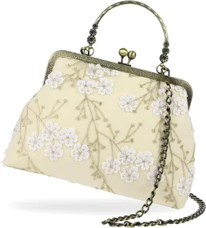 Floral Top-Handle Handbag, Kiss Lock Evening Bag for Women, Vintage Handbag