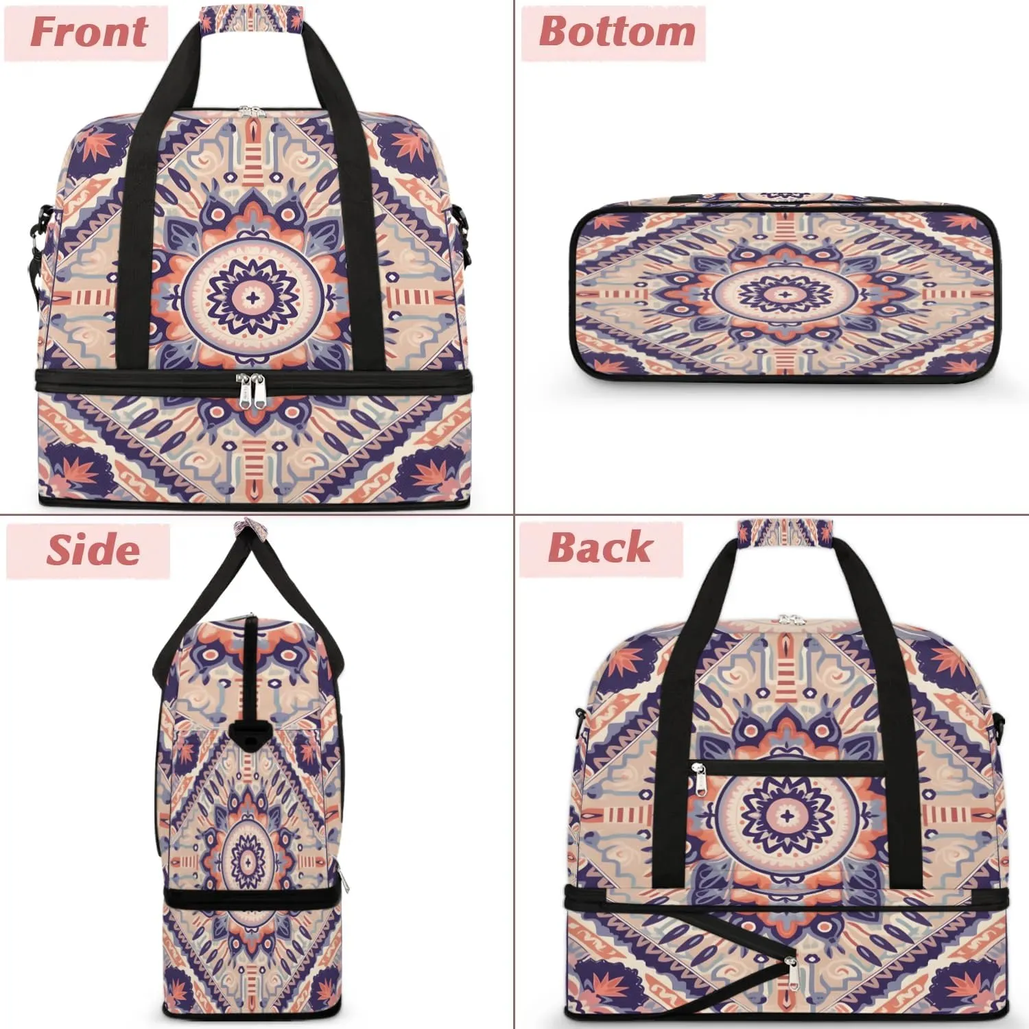 Flower Boho Printings Travel Duffle Bag, Collapsible Travel Bag Sports Gym Bag With Shoes Compartment Weekender Bag Overnight Bag For Women Men