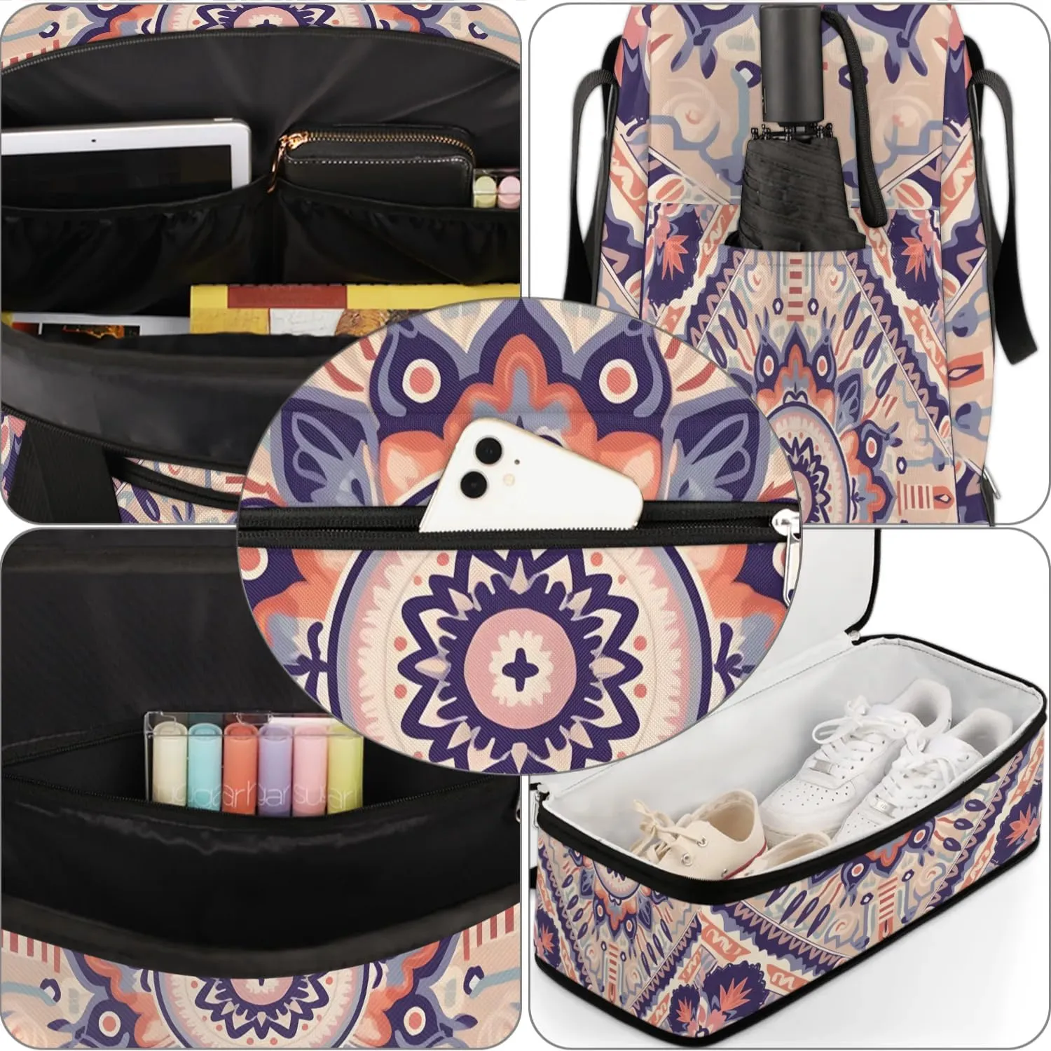 Flower Boho Printings Travel Duffle Bag, Collapsible Travel Bag Sports Gym Bag With Shoes Compartment Weekender Bag Overnight Bag For Women Men