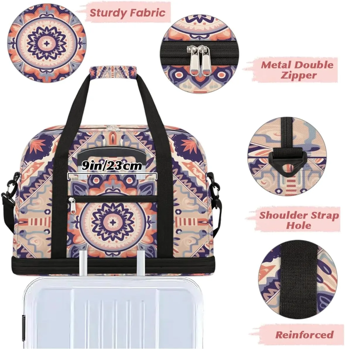 Flower Boho Printings Travel Duffle Bag, Collapsible Travel Bag Sports Gym Bag With Shoes Compartment Weekender Bag Overnight Bag For Women Men
