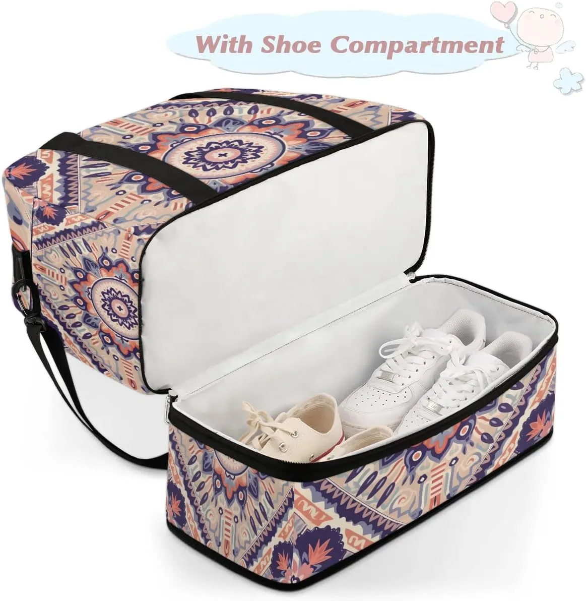 Flower Boho Printings Travel Duffle Bag, Collapsible Travel Bag Sports Gym Bag With Shoes Compartment Weekender Bag Overnight Bag For Women Men