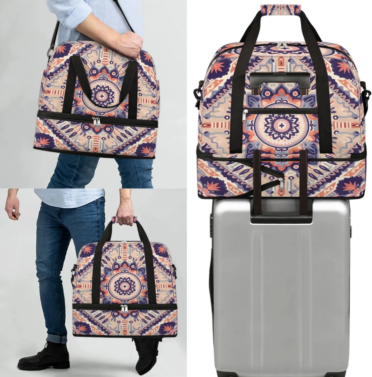 Flower Boho Printings Travel Duffle Bag, Collapsible Travel Bag Sports Gym Bag With Shoes Compartment Weekender Bag Overnight Bag For Women Men