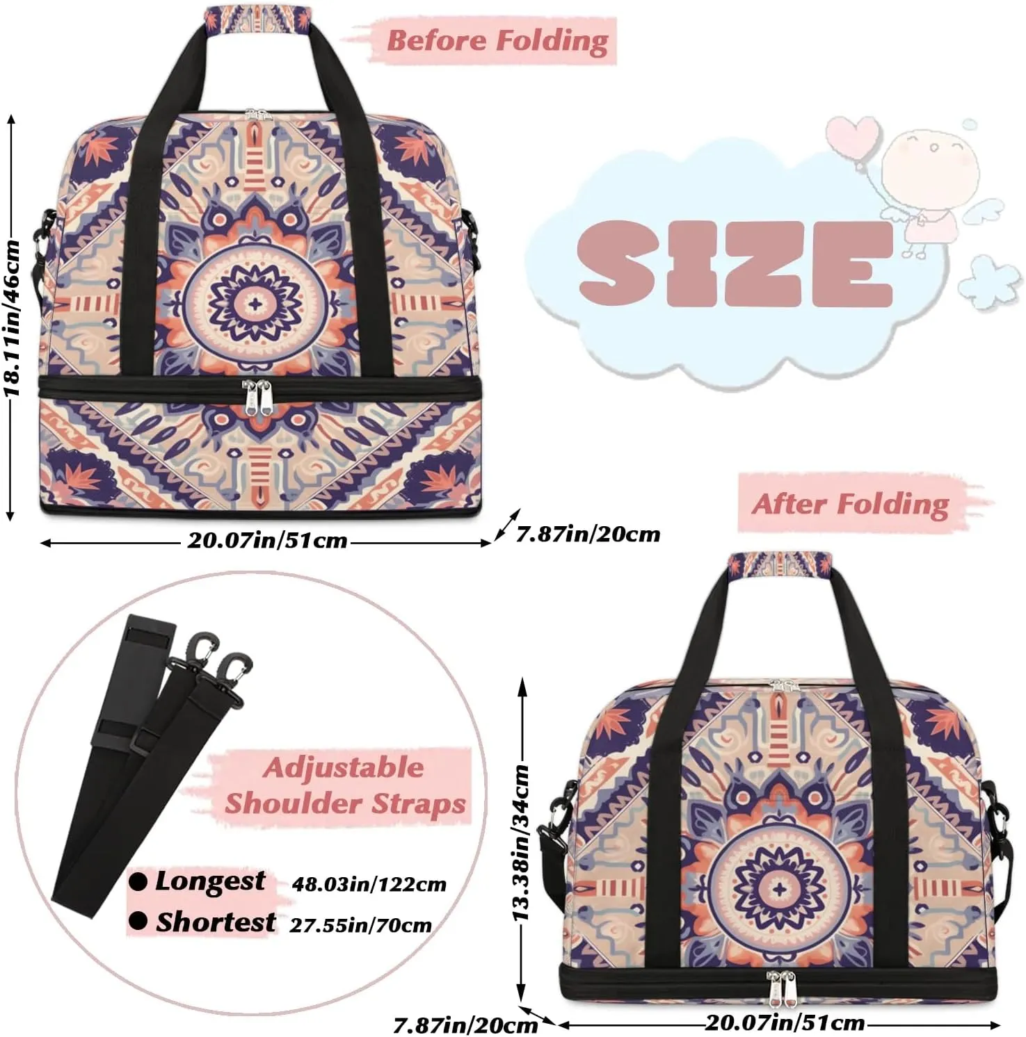Flower Boho Printings Travel Duffle Bag, Collapsible Travel Bag Sports Gym Bag With Shoes Compartment Weekender Bag Overnight Bag For Women Men