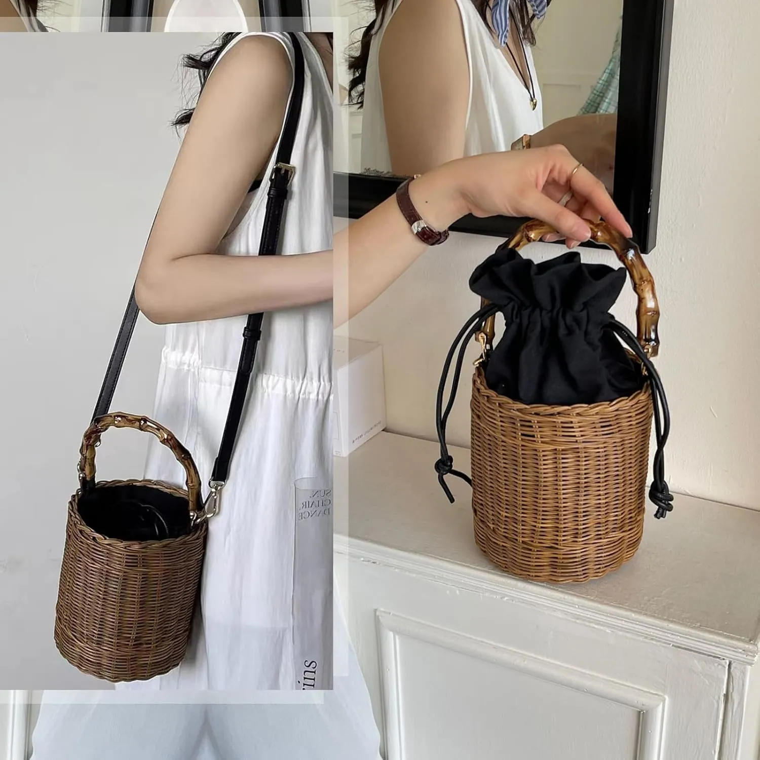 Flower Pearls Rattan Tote Bag Summer Beach Drawstring Straw Bucket Bag Diamonds Woven Handbag
