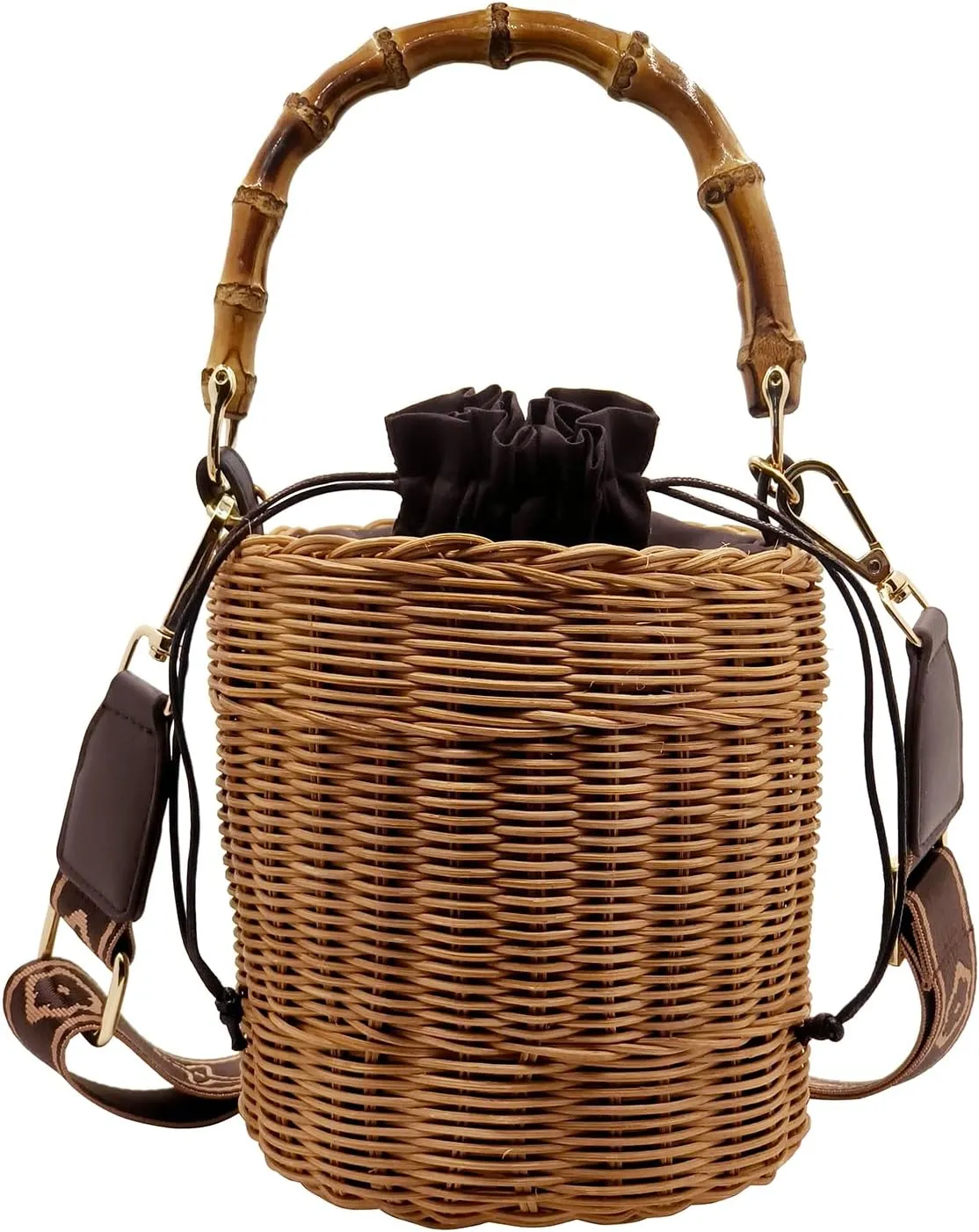 Flower Pearls Rattan Tote Bag Summer Beach Drawstring Straw Bucket Bag Diamonds Woven Handbag