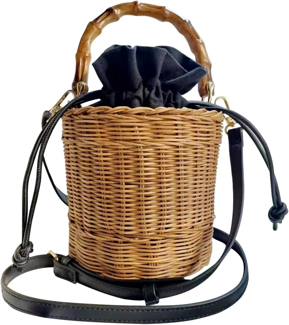 Flower Pearls Rattan Tote Bag Summer Beach Drawstring Straw Bucket Bag Diamonds Woven Handbag