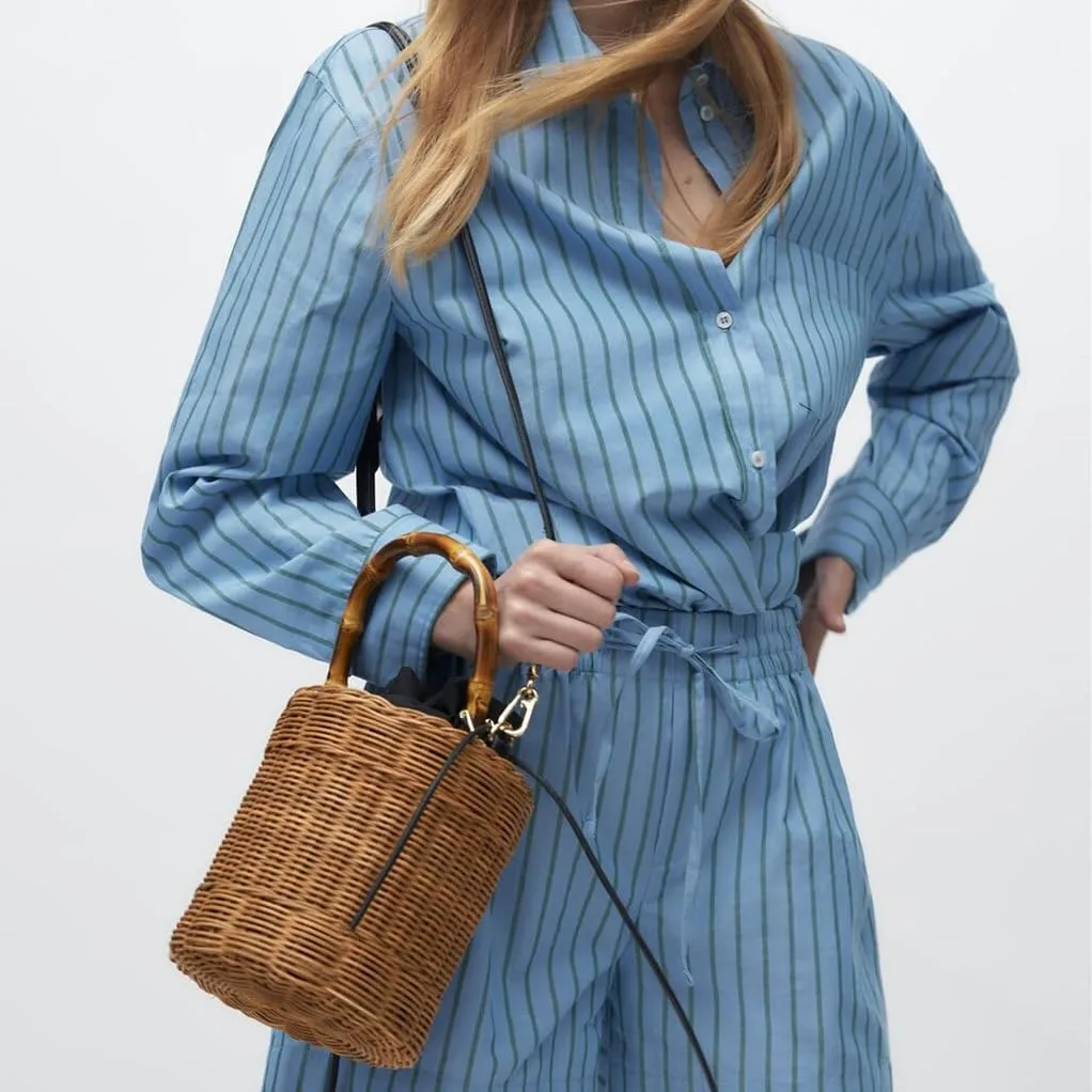 Flower Pearls Rattan Tote Bag Summer Beach Drawstring Straw Bucket Bag Diamonds Woven Handbag