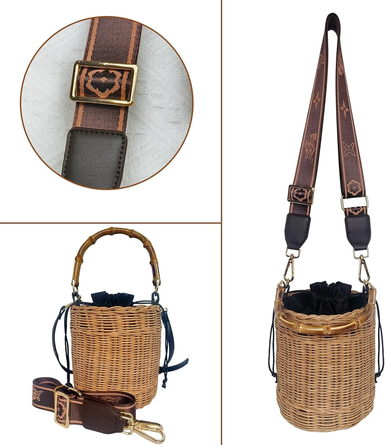 Flower Pearls Rattan Tote Bag Summer Beach Drawstring Straw Bucket Bag Diamonds Woven Handbag