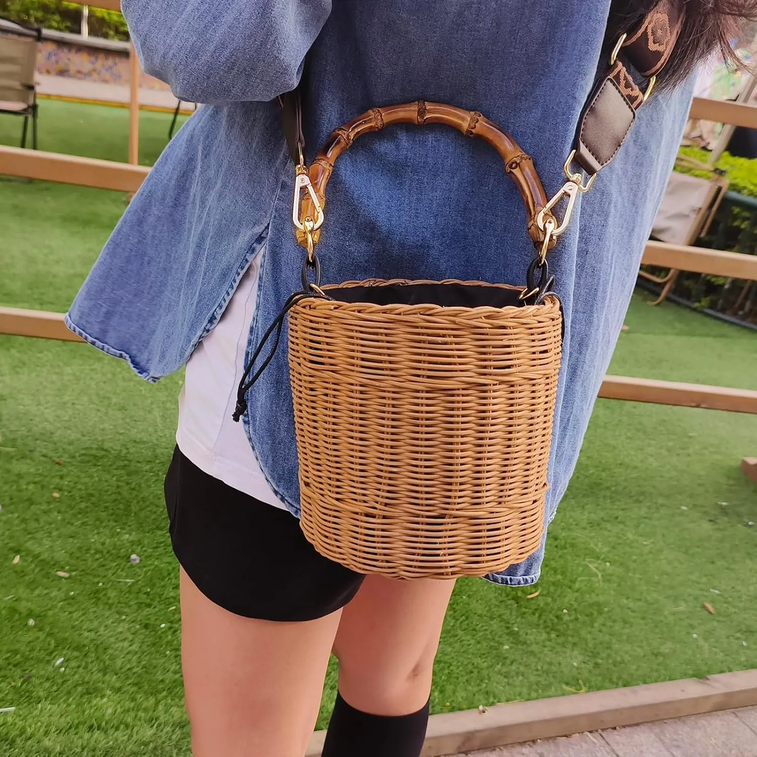 Flower Pearls Rattan Tote Bag Summer Beach Drawstring Straw Bucket Bag Diamonds Woven Handbag