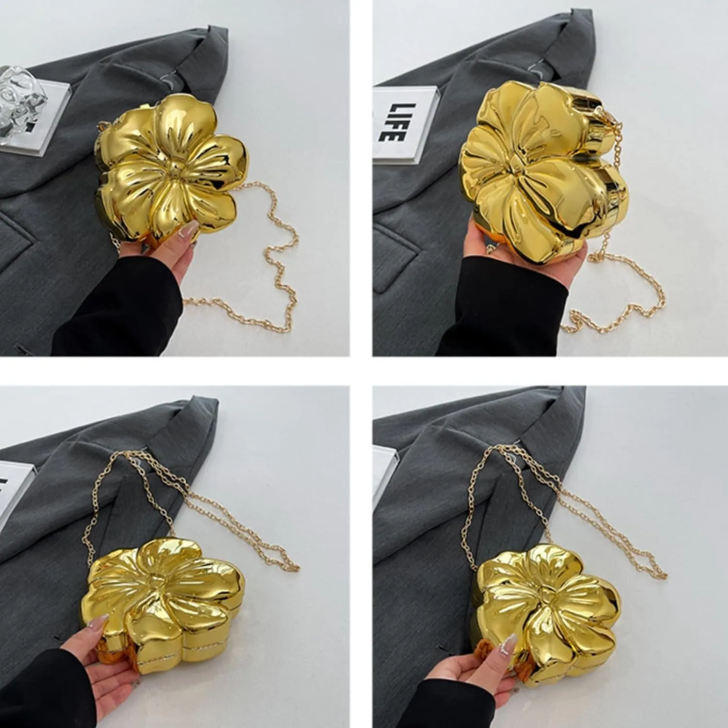 Flower Sparkly Acrylic Fancy Clutch Purse for Women, Floral Shape Crossbody Handbag Metallic Evening Bag Party Prom