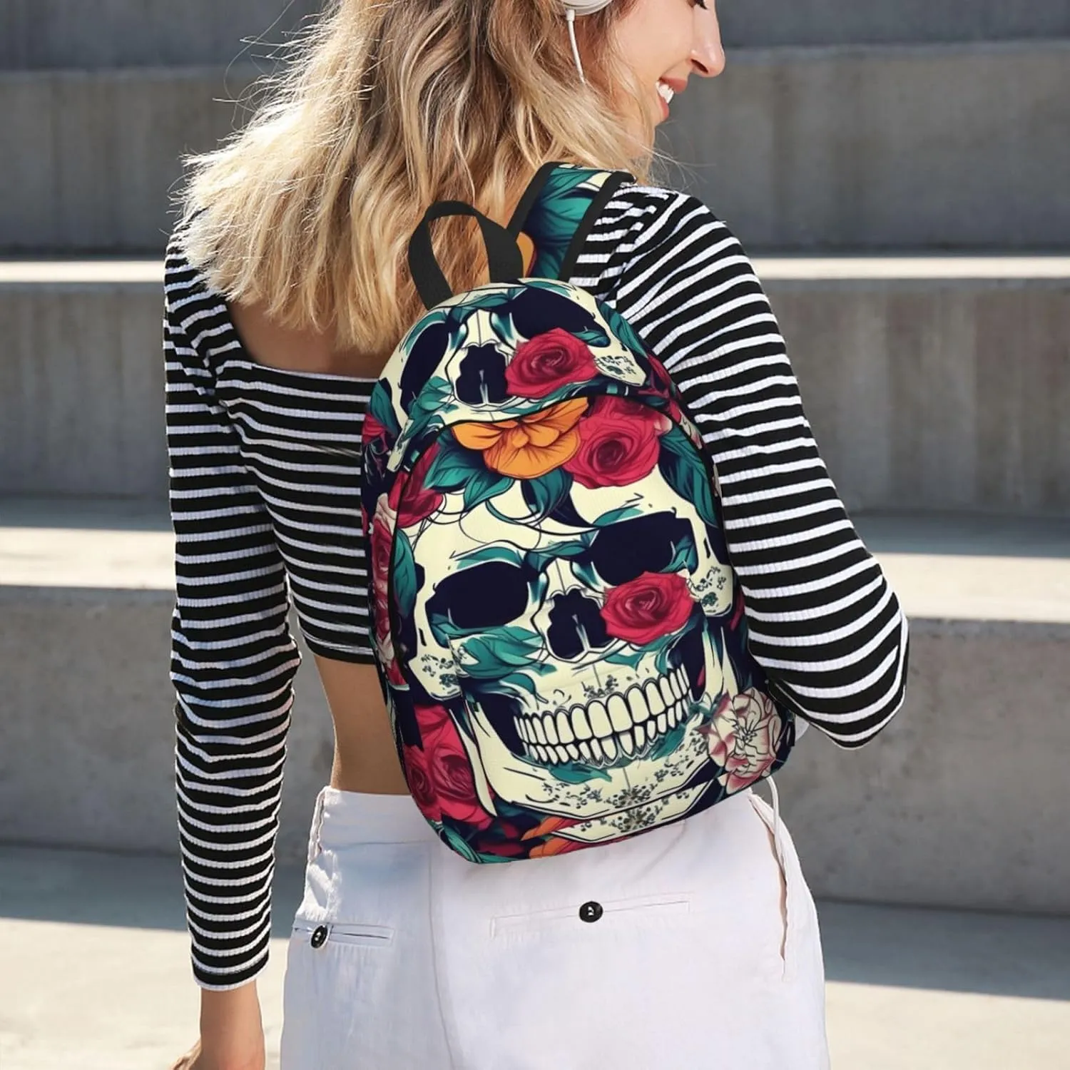 Flowers Skull Ornamental print Hiking Backpack Casual Daypack Outdoor Travel Backpacks Bookbag for Men Women Adult