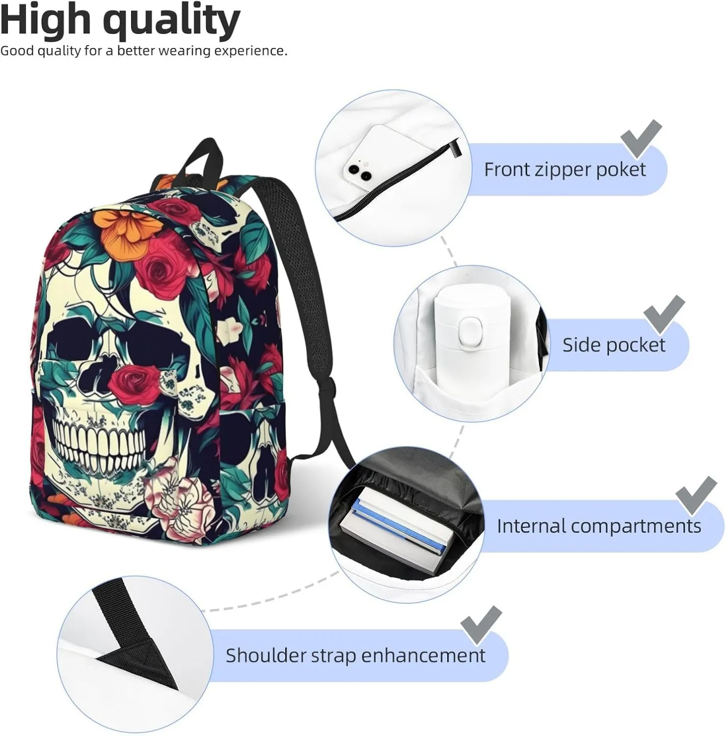 Flowers Skull Ornamental print Hiking Backpack Casual Daypack Outdoor Travel Backpacks Bookbag for Men Women Adult