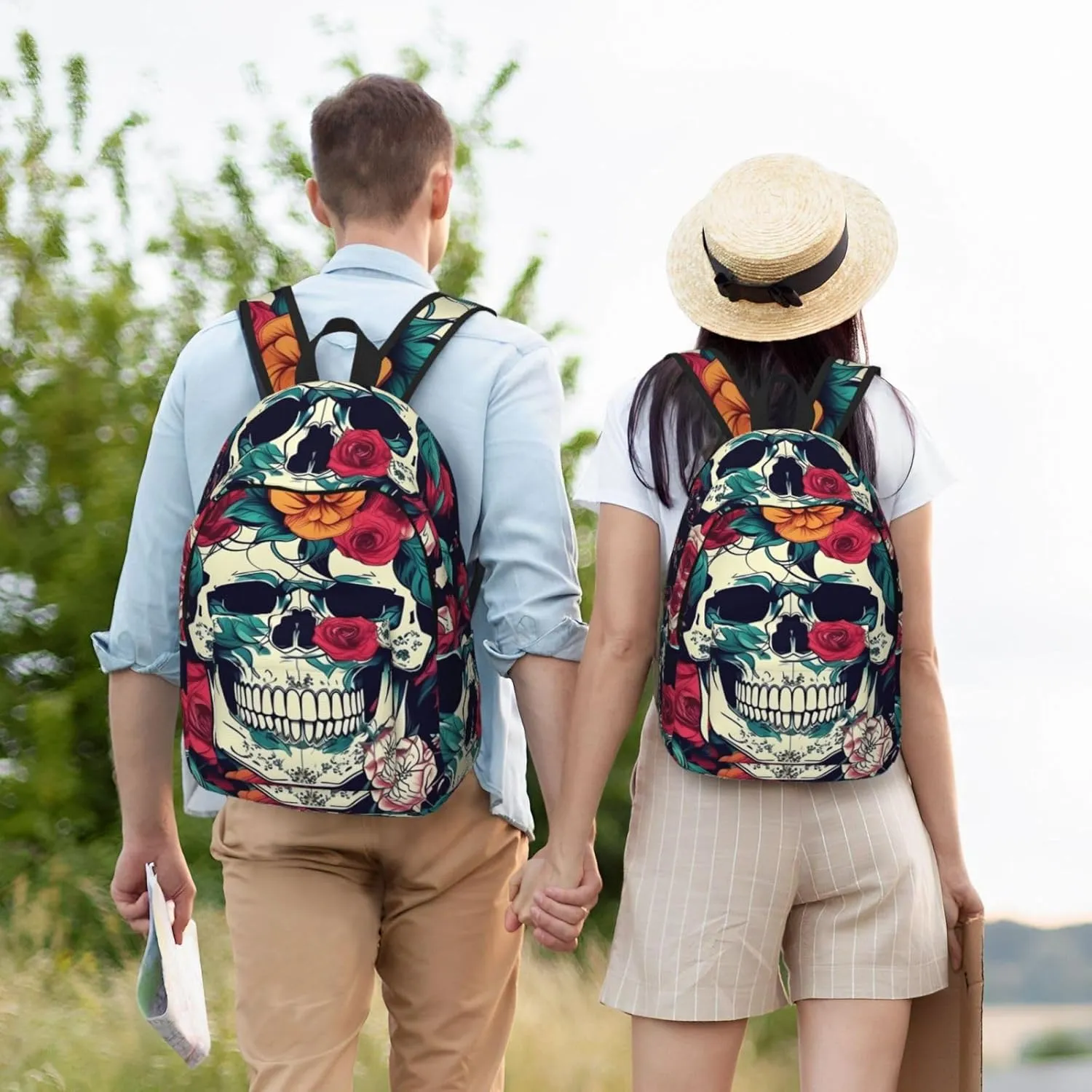 Flowers Skull Ornamental print Hiking Backpack Casual Daypack Outdoor Travel Backpacks Bookbag for Men Women Adult