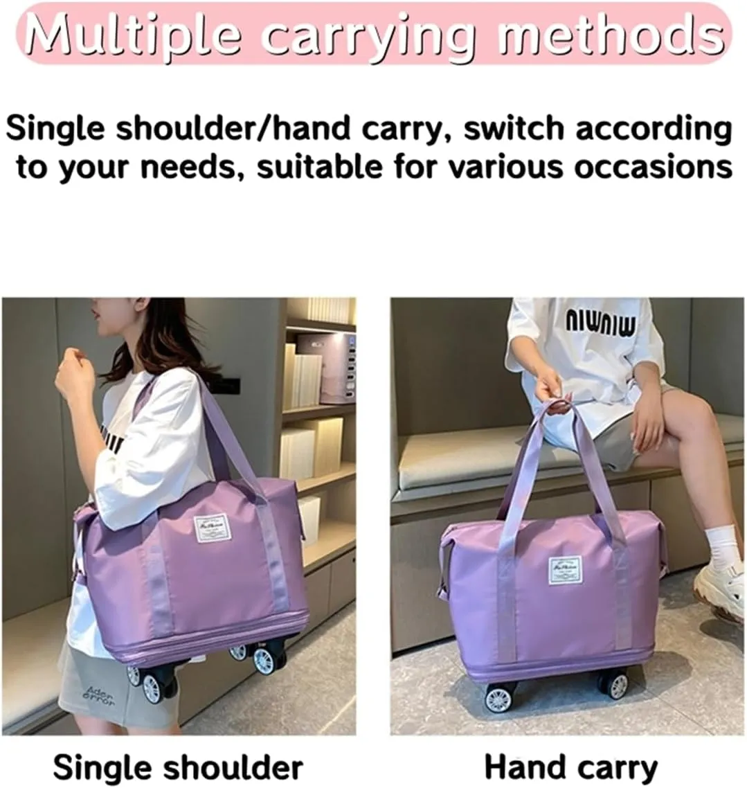 Foldable Duffle Travel Bag with Wheels, Expandable Rolling Duffle Suitcase, Detachable Rolling Luggage Wheels, Carry-on Large Duffel Bag, Suit Gym, Camping or Business Trip (Purple)