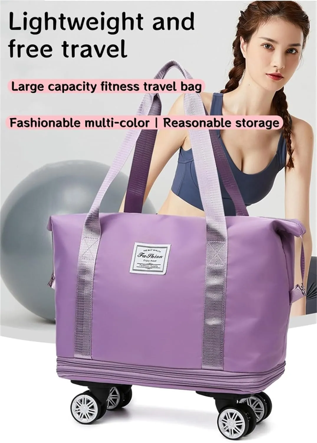 Foldable Duffle Travel Bag with Wheels, Expandable Rolling Duffle Suitcase, Detachable Rolling Luggage Wheels, Carry-on Large Duffel Bag, Suit Gym, Camping or Business Trip (Purple)