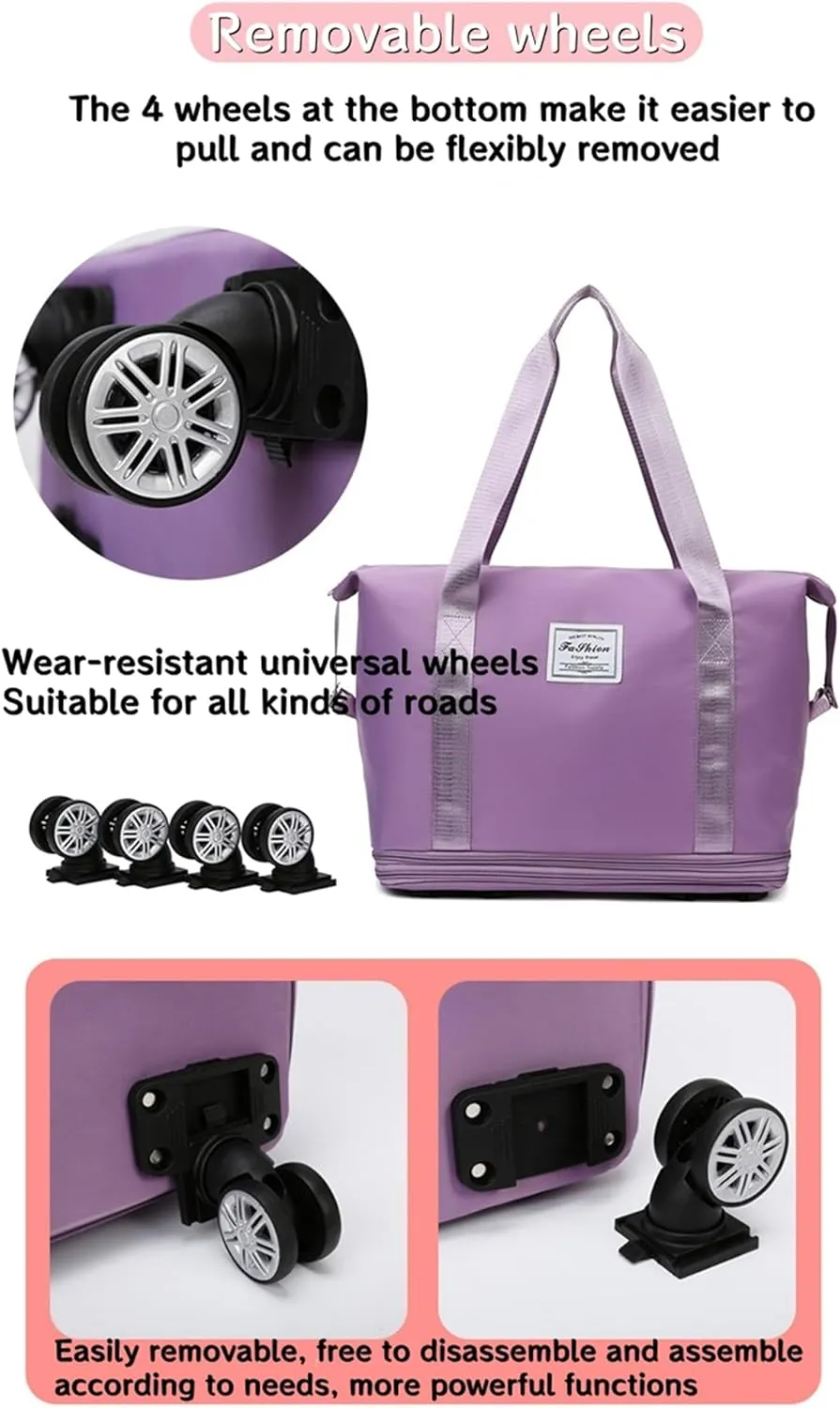Foldable Duffle Travel Bag with Wheels, Expandable Rolling Duffle Suitcase, Detachable Rolling Luggage Wheels, Carry-on Large Duffel Bag, Suit Gym, Camping or Business Trip (Purple)