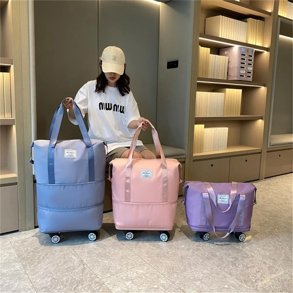 Foldable Duffle Travel Bag with Wheels, Expandable Rolling Duffle Suitcase, Detachable Rolling Luggage Wheels, Carry-on Large Duffel Bag, Suit Gym, Camping or Business Trip (Purple)