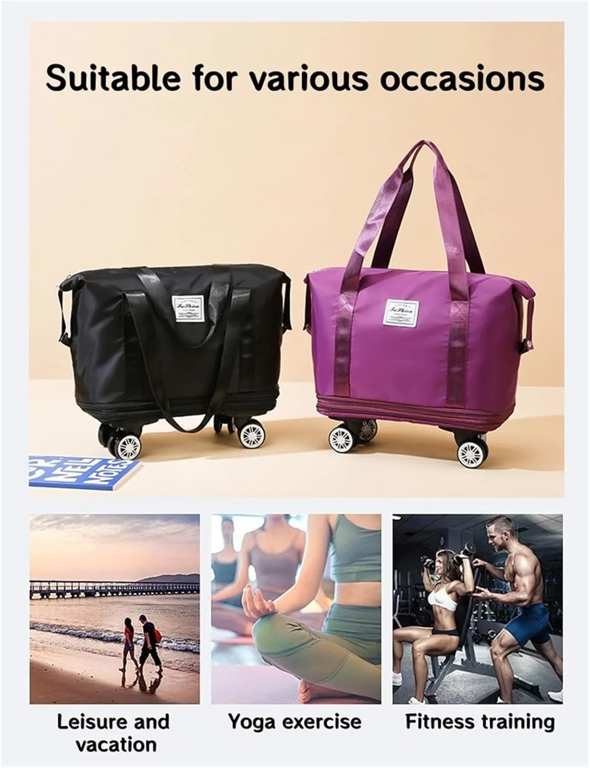 Foldable Duffle Travel Bag with Wheels, Expandable Rolling Duffle Suitcase, Detachable Rolling Luggage Wheels, Carry-on Large Duffel Bag, Suit Gym, Camping or Business Trip (Purple)