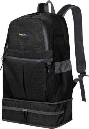 Foldable Hiking Backpack with Mini Waist Pouch, Lightweight Travel Bag for Women, 31.5L Waterproof Backpack for Men, Black Daypack for Outdoor Camping
