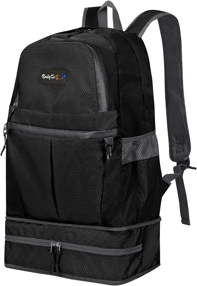 Foldable Hiking Backpack with Mini Waist Pouch, Lightweight Travel Bag for Women, 31.5L Waterproof Backpack for Men, Black Daypack for Outdoor Camping