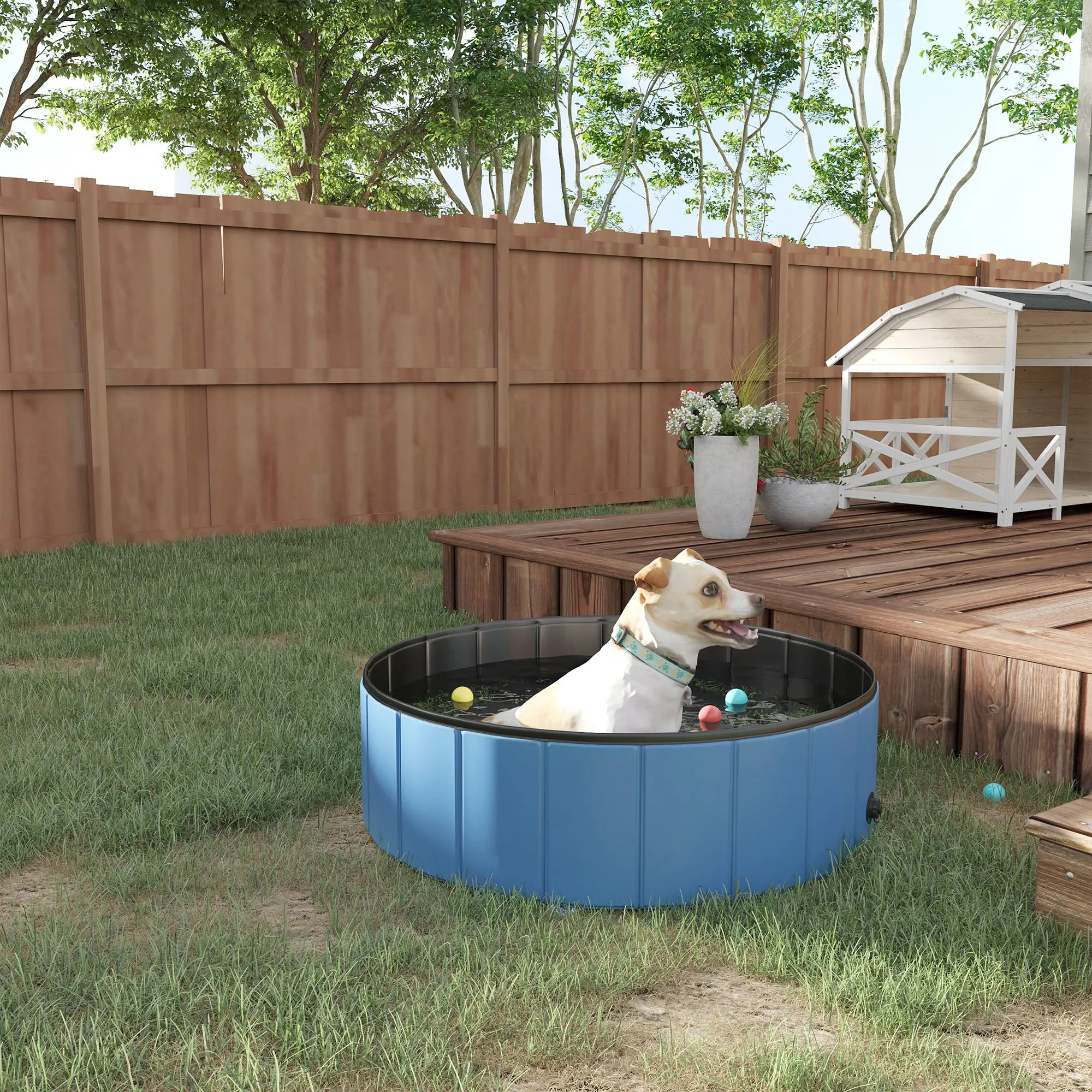 Foldable Pet Pool with Wooden Frame – 100cm Splash Bath for Dogs & Cats
