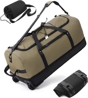 Foldable Wheeled Duffel Backpack with Padded Quilted Bottom,Waterproof Travel Duffle Bag with Extended Handles (Green)
