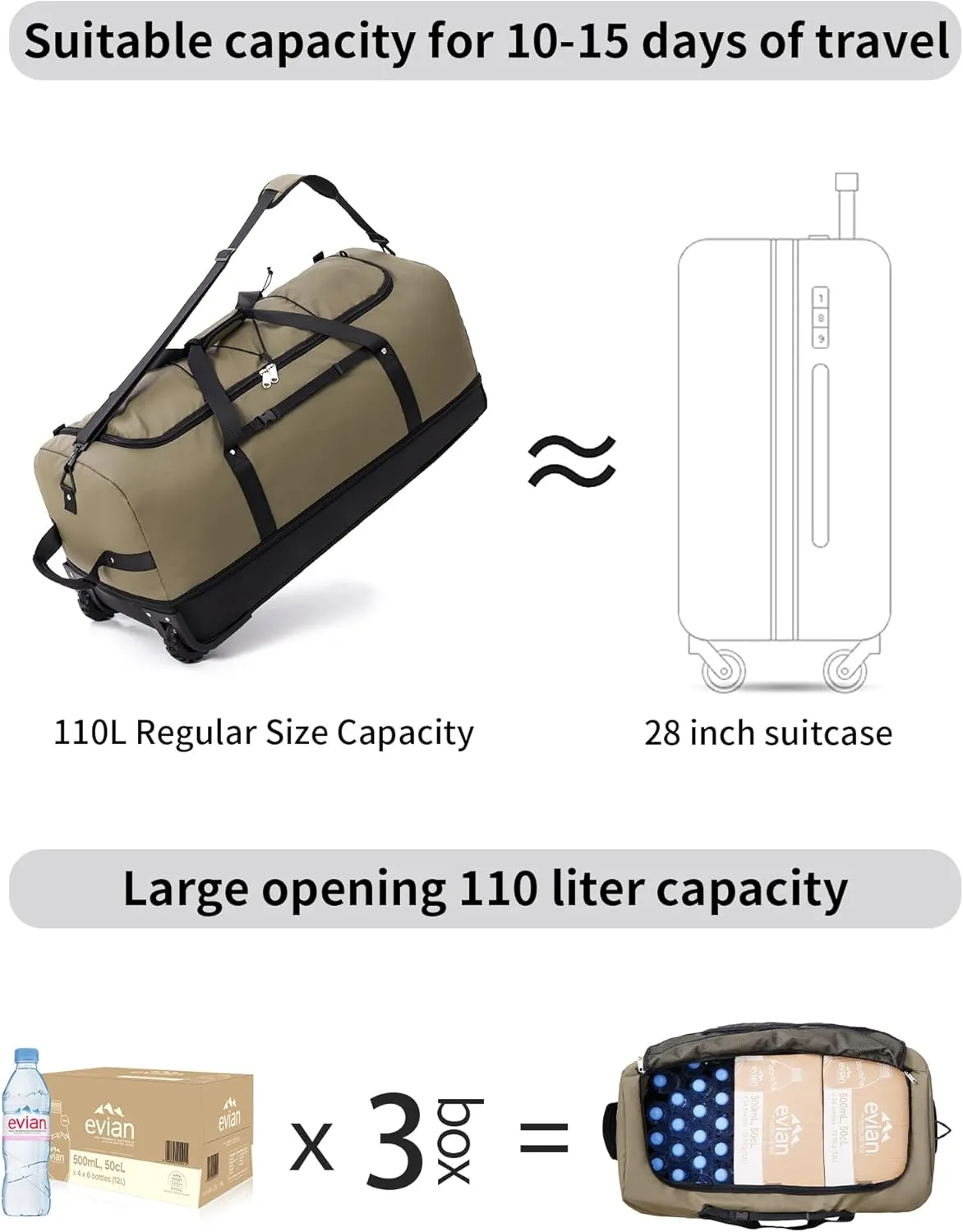 Foldable Wheeled Duffel Backpack with Padded Quilted Bottom,Waterproof Travel Duffle Bag with Extended Handles (Green)