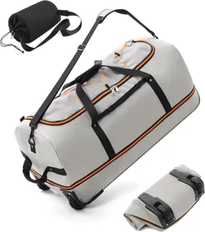 Foldable Wheeled Duffel Backpack with Padded Quilted Bottom,Waterproof Travel Duffle Bag with Extended Handles (Grey)