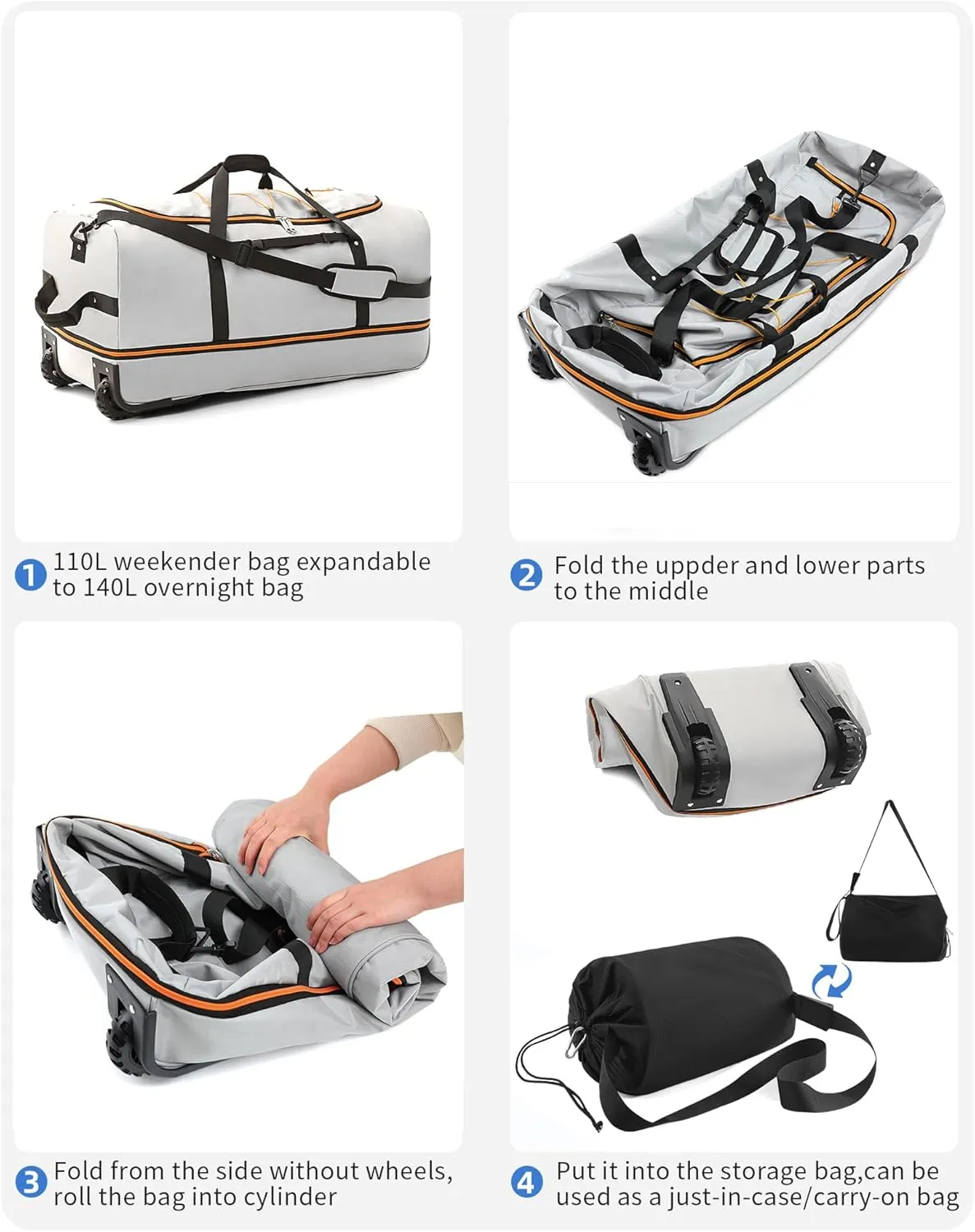 Foldable Wheeled Duffel Backpack with Padded Quilted Bottom,Waterproof Travel Duffle Bag with Extended Handles (Grey)