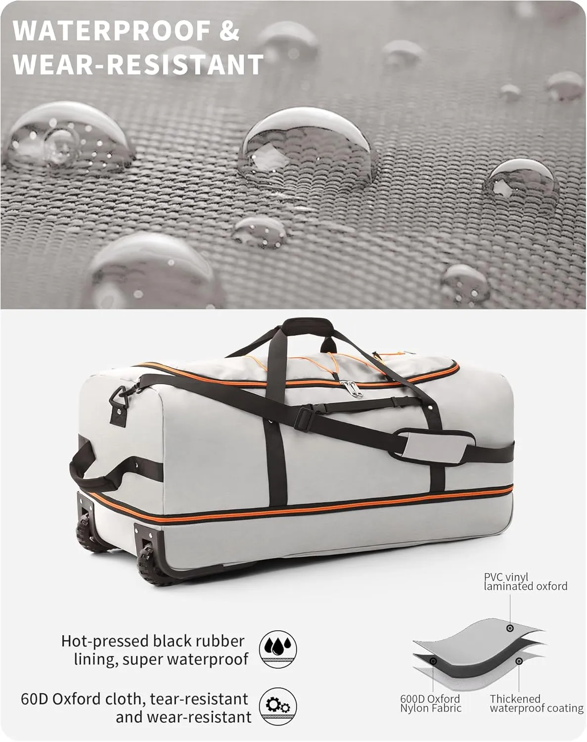 Foldable Wheeled Duffel Backpack with Padded Quilted Bottom,Waterproof Travel Duffle Bag with Extended Handles (Grey)