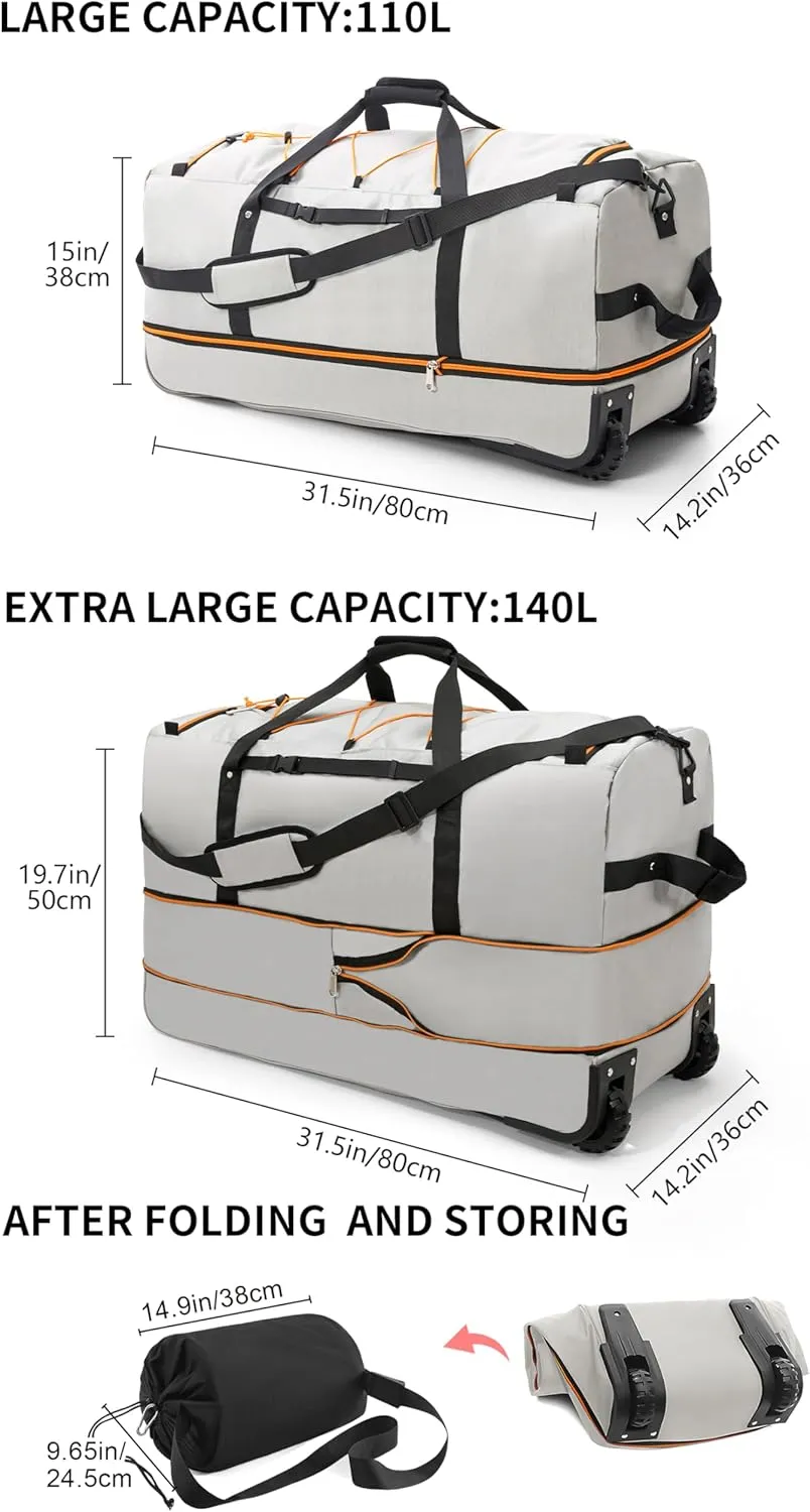 Foldable Wheeled Duffel Backpack with Padded Quilted Bottom,Waterproof Travel Duffle Bag with Extended Handles (Grey)