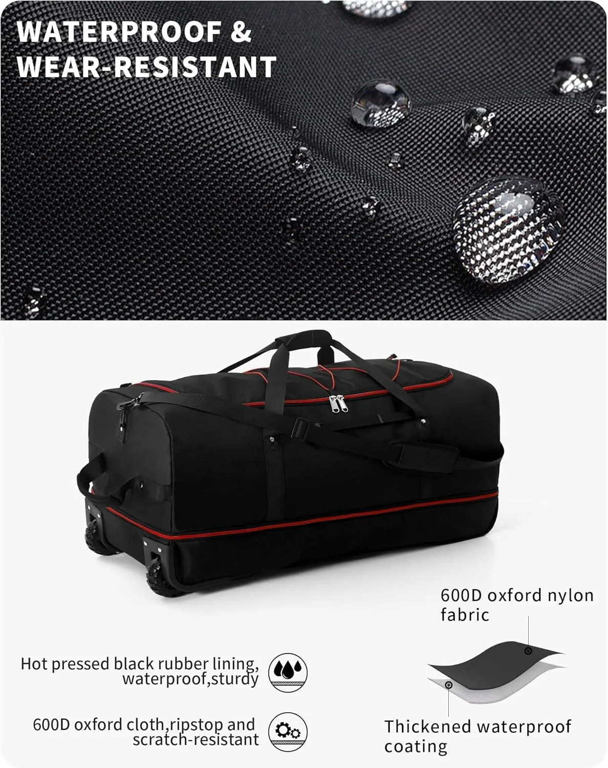 Foldable Wheeled Duffel Backpack with Padded Quilted Bottom,Waterproof Travel Duffle Bag with Extended Handles (Red)