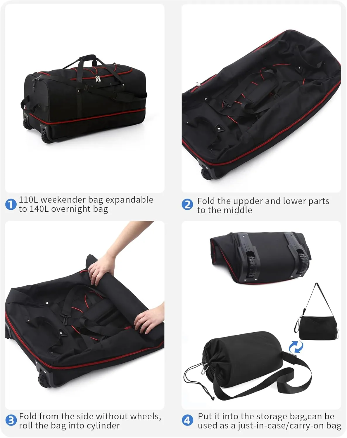 Foldable Wheeled Duffel Backpack with Padded Quilted Bottom,Waterproof Travel Duffle Bag with Extended Handles (Red)