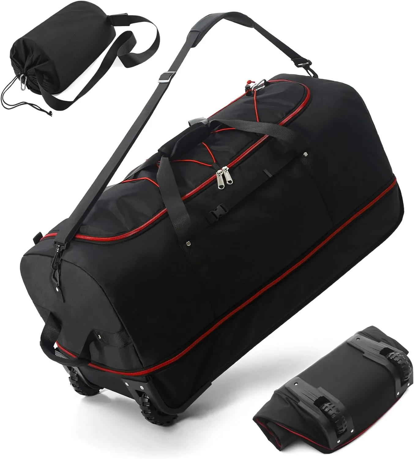 Foldable Wheeled Duffel Backpack with Padded Quilted Bottom,Waterproof Travel Duffle Bag with Extended Handles (Red)