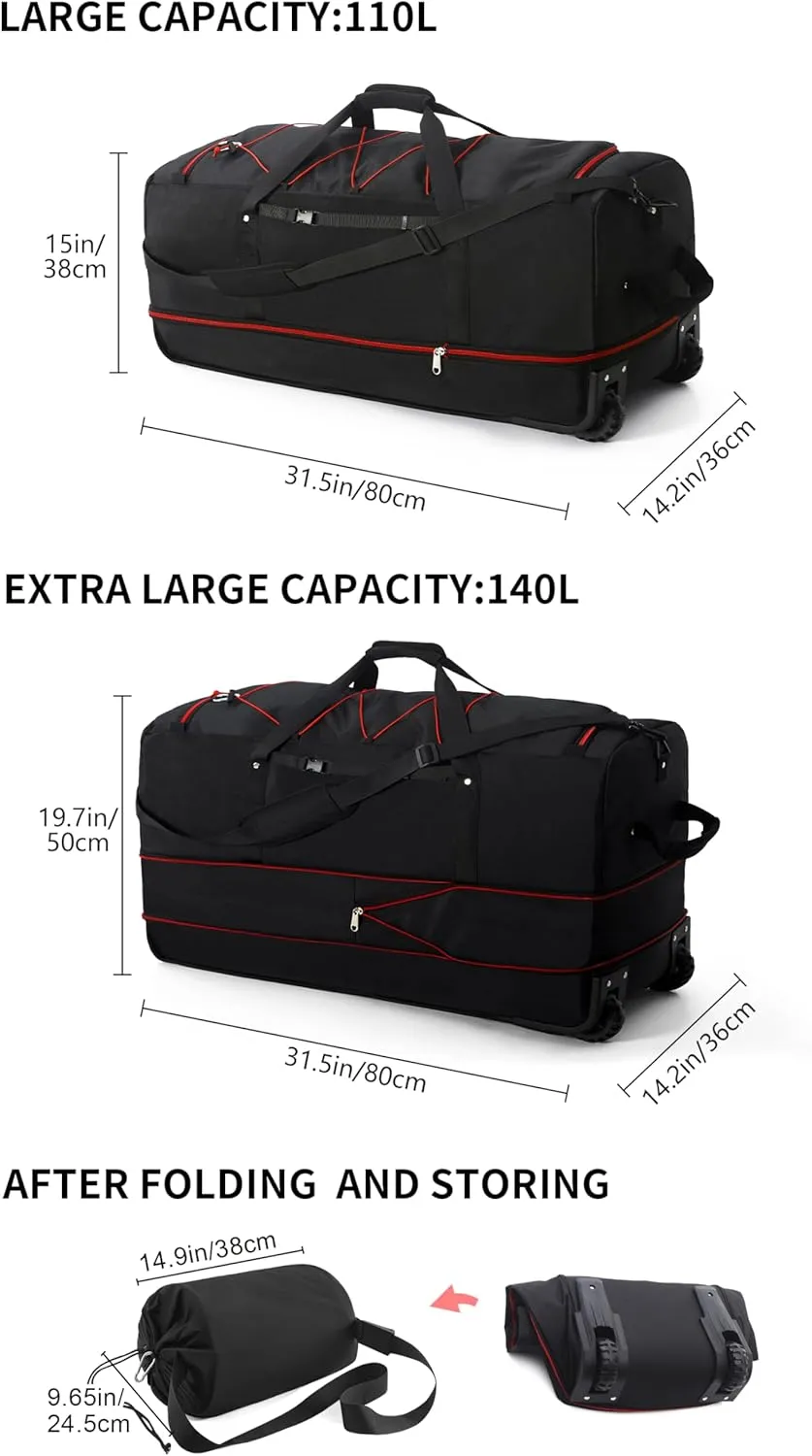 Foldable Wheeled Duffel Backpack with Padded Quilted Bottom,Waterproof Travel Duffle Bag with Extended Handles (Red)