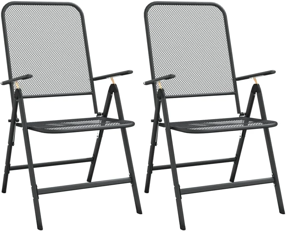 Folding Patio Chairs 2 Pack Anthracite Expanded Metal Mesh Outdoor Lounge Chairs with 7-Position Reclining Backrest for Camping Beach Poolside